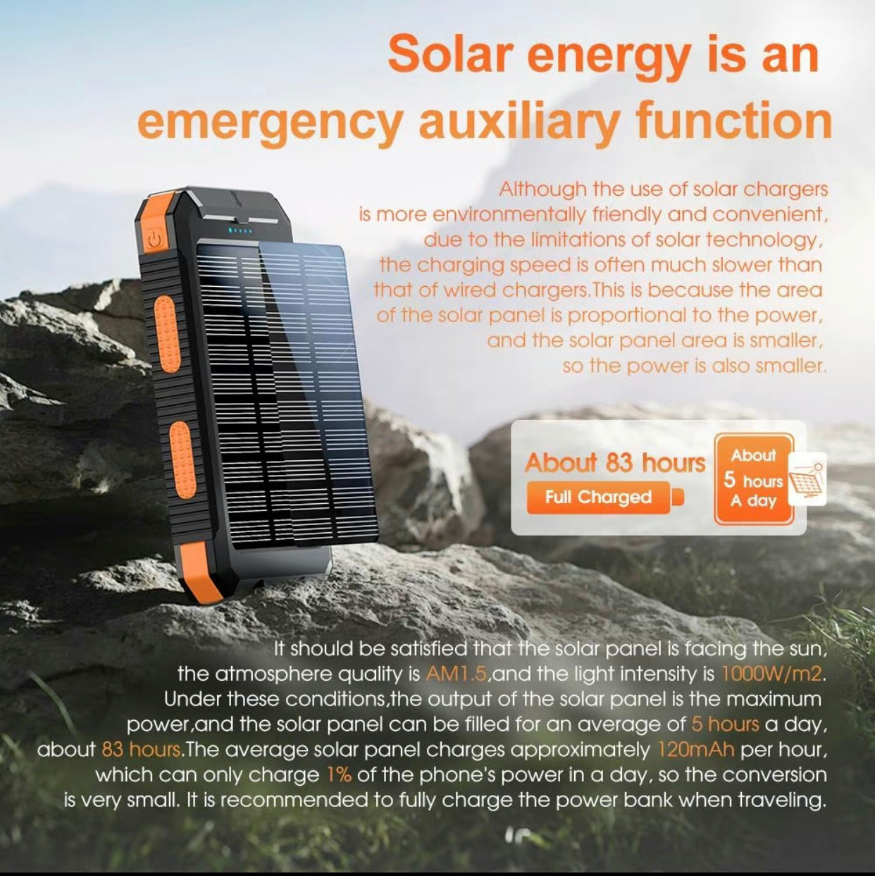 Chargeur solaire portable 8000mAh pour tous types de téléphones portables / Batterie étanche / Lampe de poche LED, idéal pour le camping.