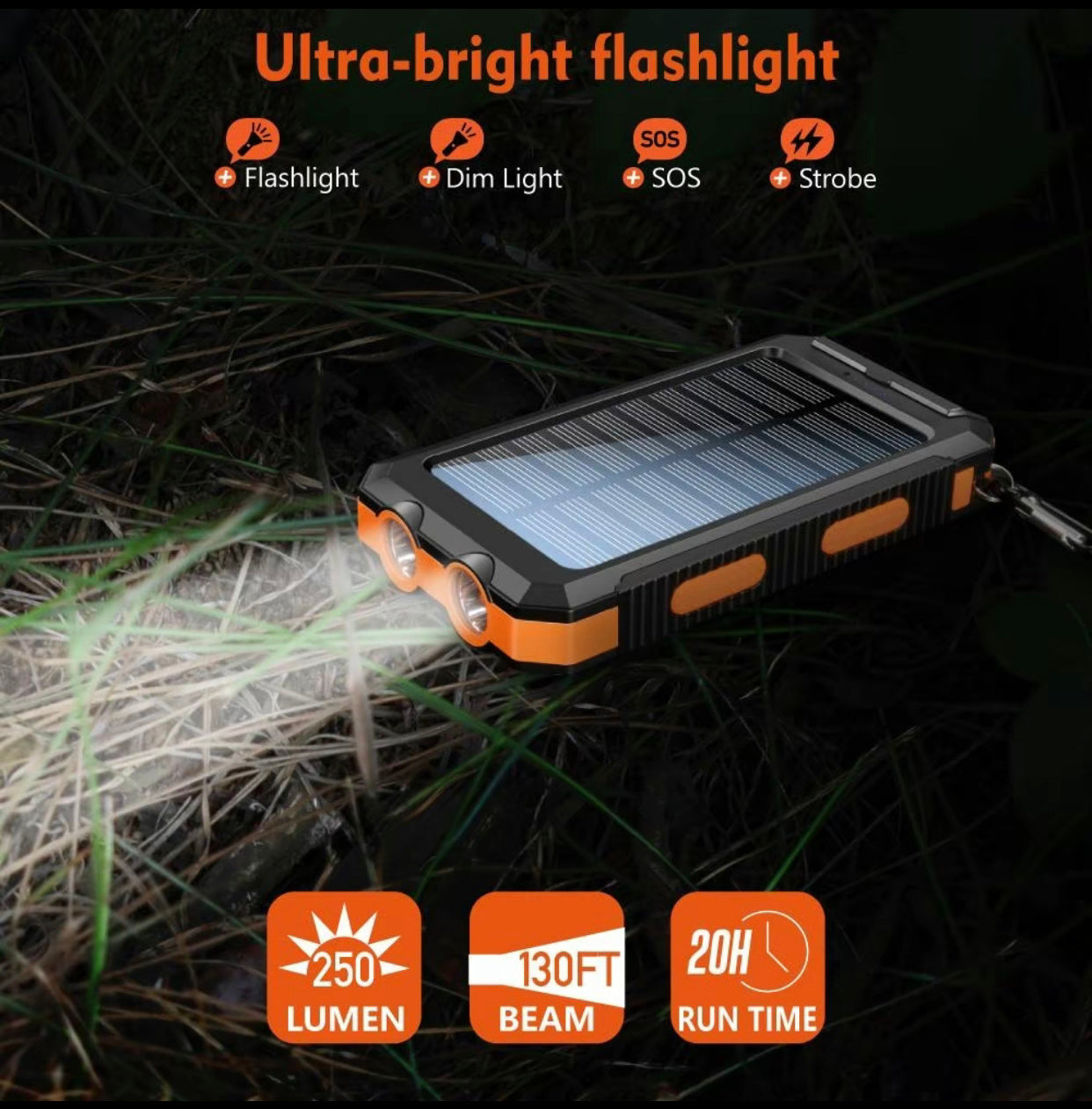 Chargeur solaire portable 8000mAh pour tous types de téléphones portables / Batterie étanche / Lampe de poche LED, idéal pour le camping.