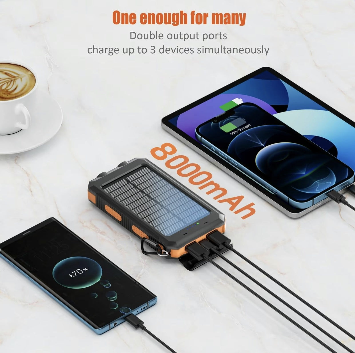 Chargeur solaire portable 8000mAh pour tous types de téléphones portables / Batterie étanche / Lampe de poche LED, idéal pour le camping.