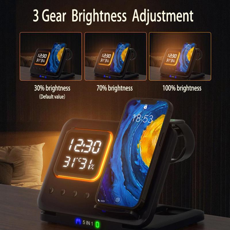 Cargador Inalámbrico de 15W con Base y Reloj Despertador Digital LED 5 en 1