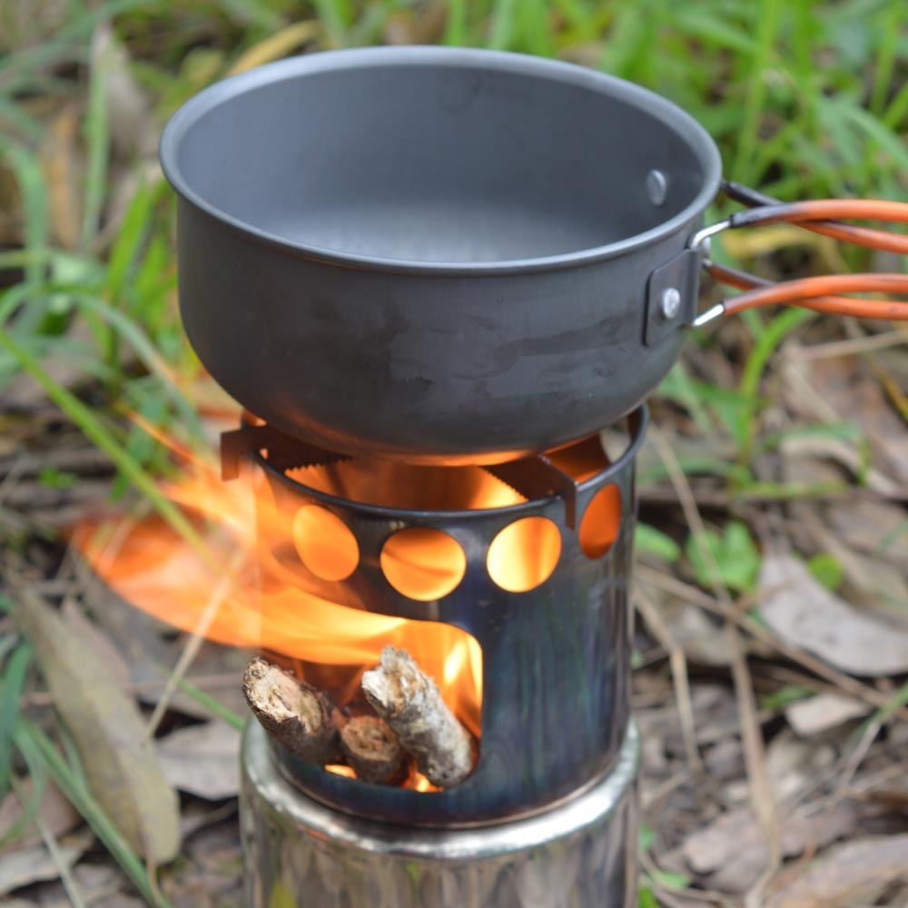 Estufa de Camping Portátil Combinada de Leña de Acero Inoxidable y para Exteriores