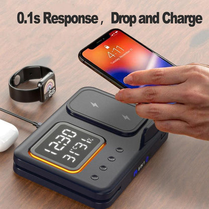 Cargador Inalámbrico de 15W con Base y Reloj Despertador Digital LED 5 en 1