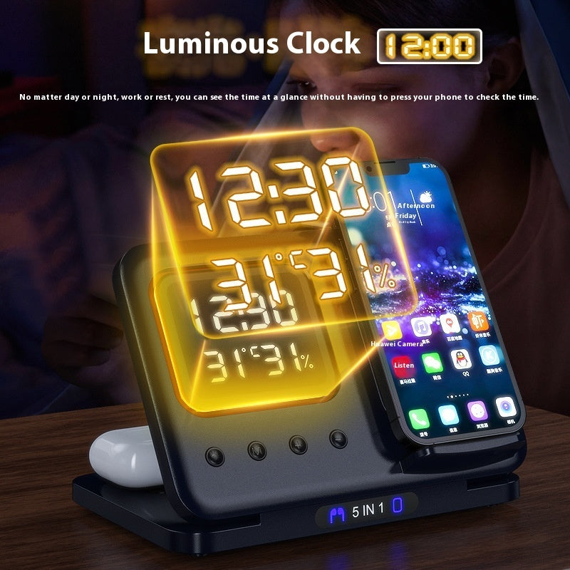 Cargador Inalámbrico de 15W con Base y Reloj Despertador Digital LED 5 en 1