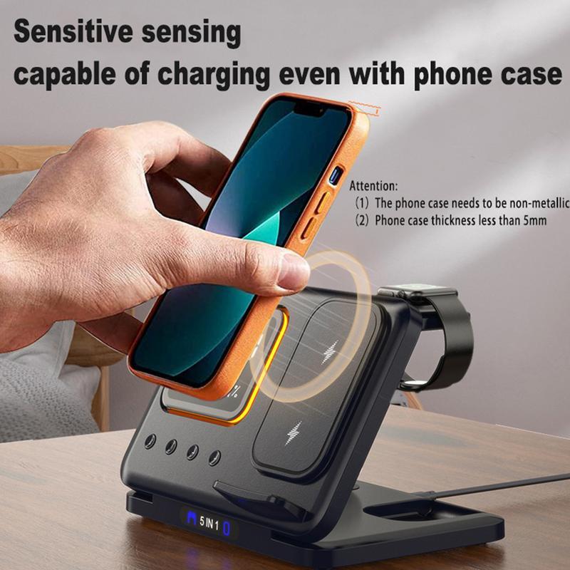 Cargador Inalámbrico de 15W con Base y Reloj Despertador Digital LED 5 en 1