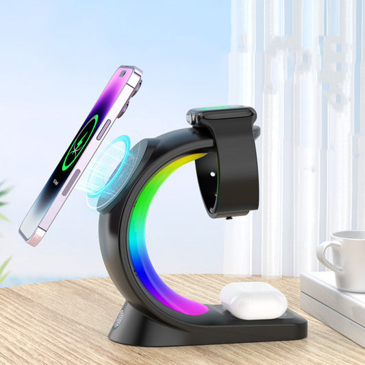Cargador Inalámbrico Magnético 4 en 1 / Carga Rápida (Apple) Luz Ambiental RGB / Audífonos, Teléfono y Reloj.