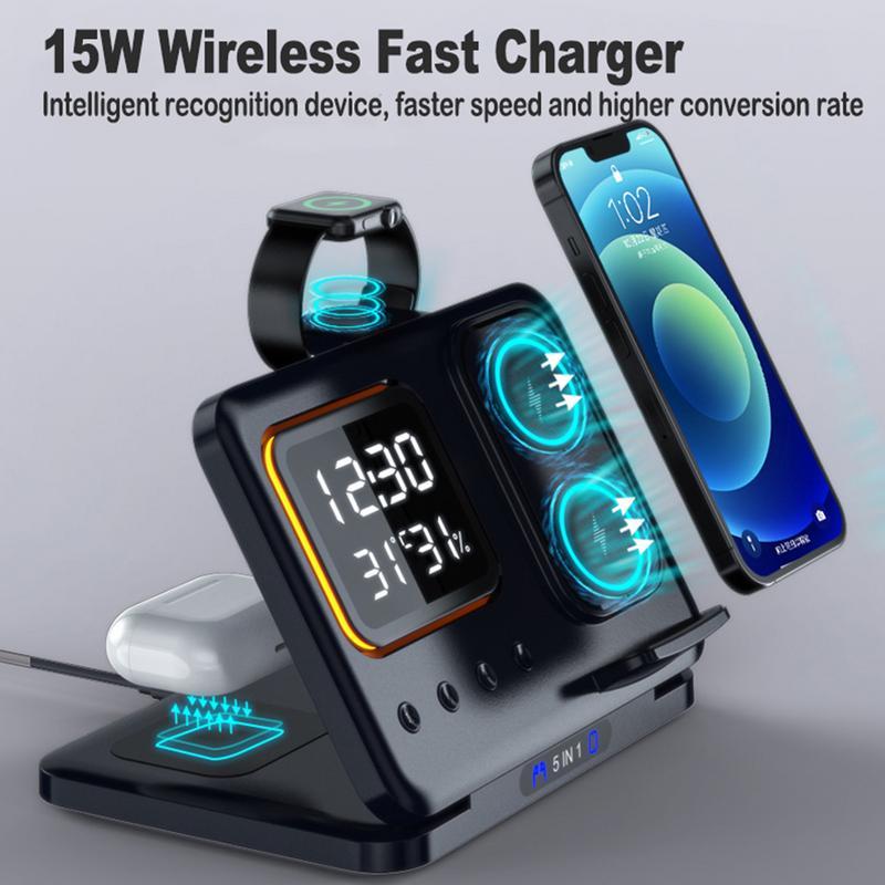 Cargador Inalámbrico de 15W con Base y Reloj Despertador Digital LED 5 en 1