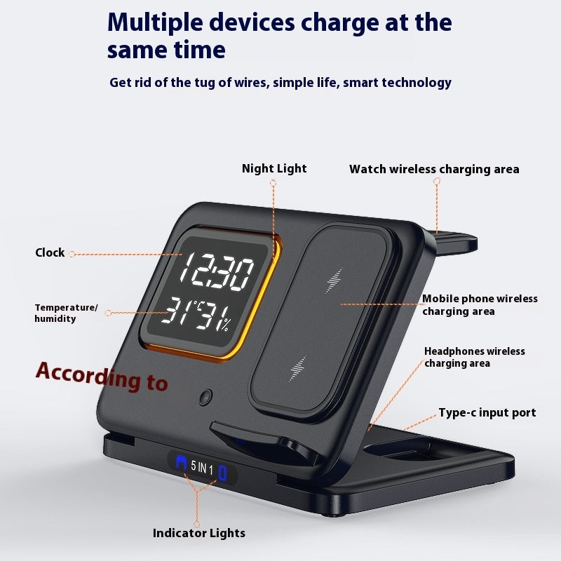 Cargador Inalámbrico de 15W con Base y Reloj Despertador Digital LED 5 en 1
