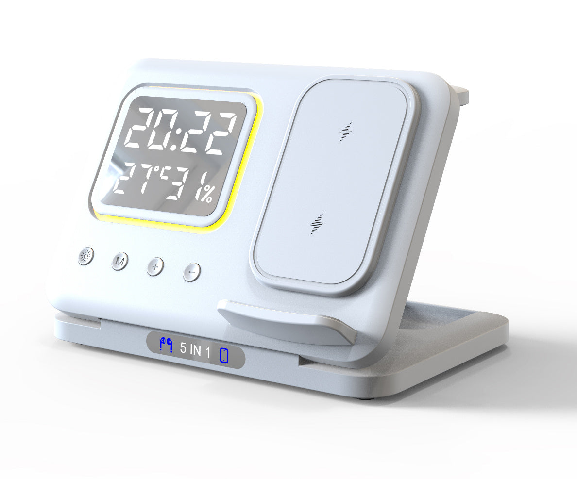 Cargador Inalámbrico de 15W con Base y Reloj Despertador Digital LED 5 en 1