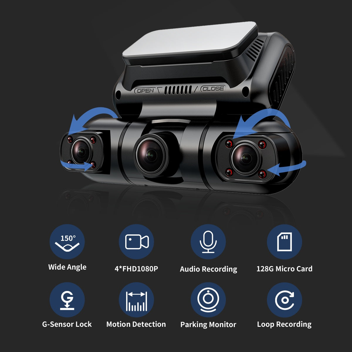 Cámara con visión de 360 Grados 4 canales: Frontal y Trasera, Interior, Izquierda y Derecha, para coche, GPS integrado, WiFi, visión nocturna, grabación 24/7