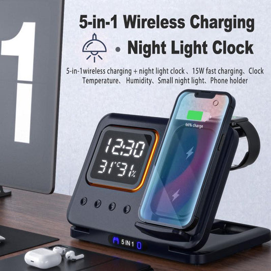Cargador Inalámbrico de 15W con Base y Reloj Despertador Digital LED 5 en 1