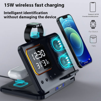 Cargador Inalámbrico de 15W con Base y Reloj Despertador Digital LED 5 en 1