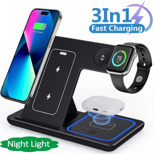 Cargador Inalámbrico Rápido LED 3 en 1 de 15 W / Apple y Android