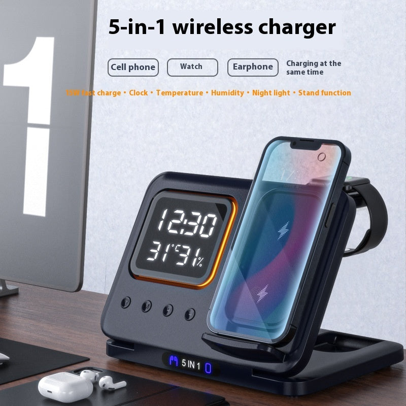 Cargador Inalámbrico de 15W con Base y Reloj Despertador Digital LED 5 en 1